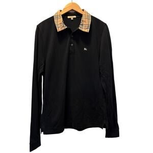 Burberry Mens Black Solid Cotton Check Collar Long Sleeve Polo Shirts sz L Large
